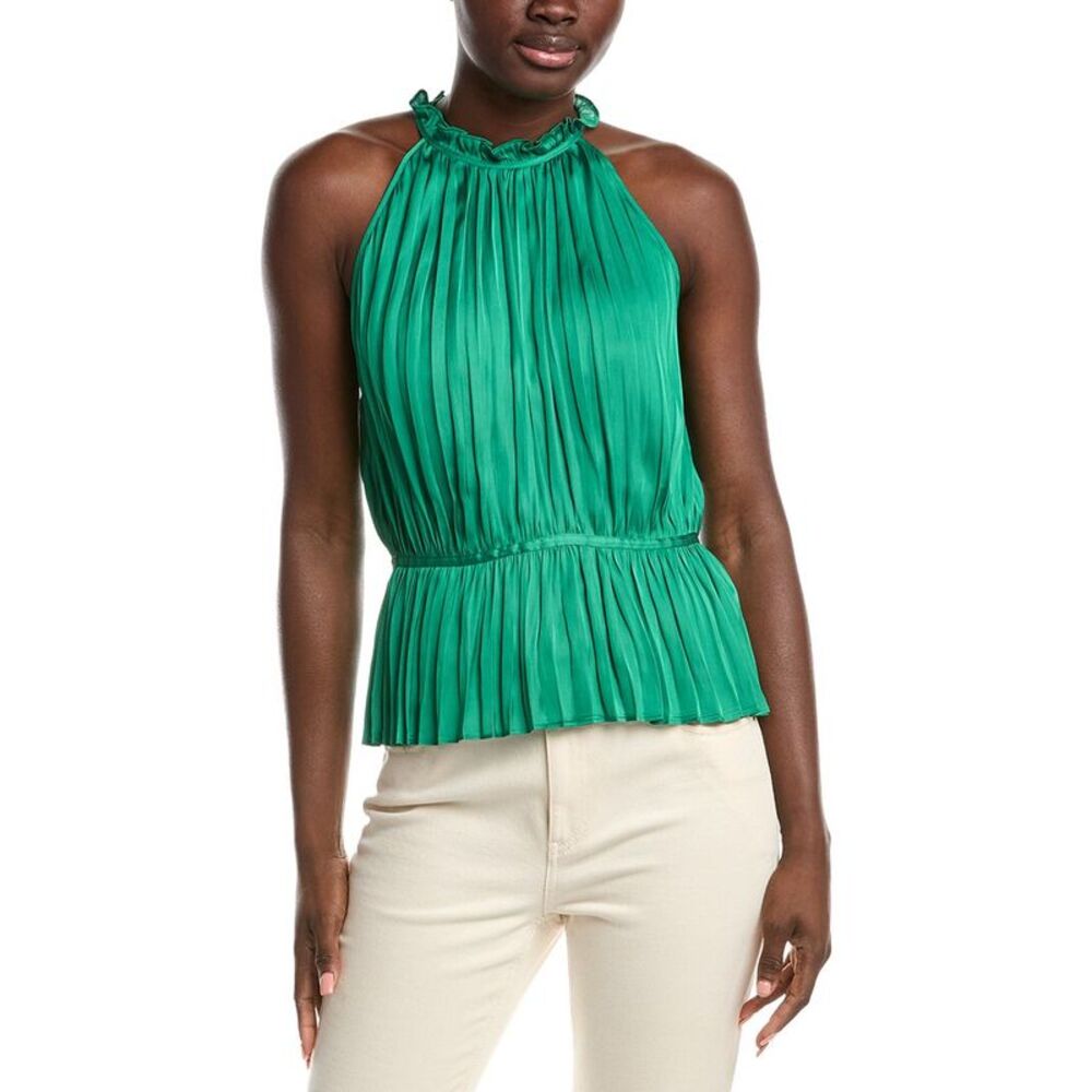 Maje Womens  Pleated Satin Top, Green